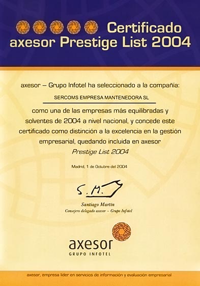 Certificado Axesor Prestige List 2004